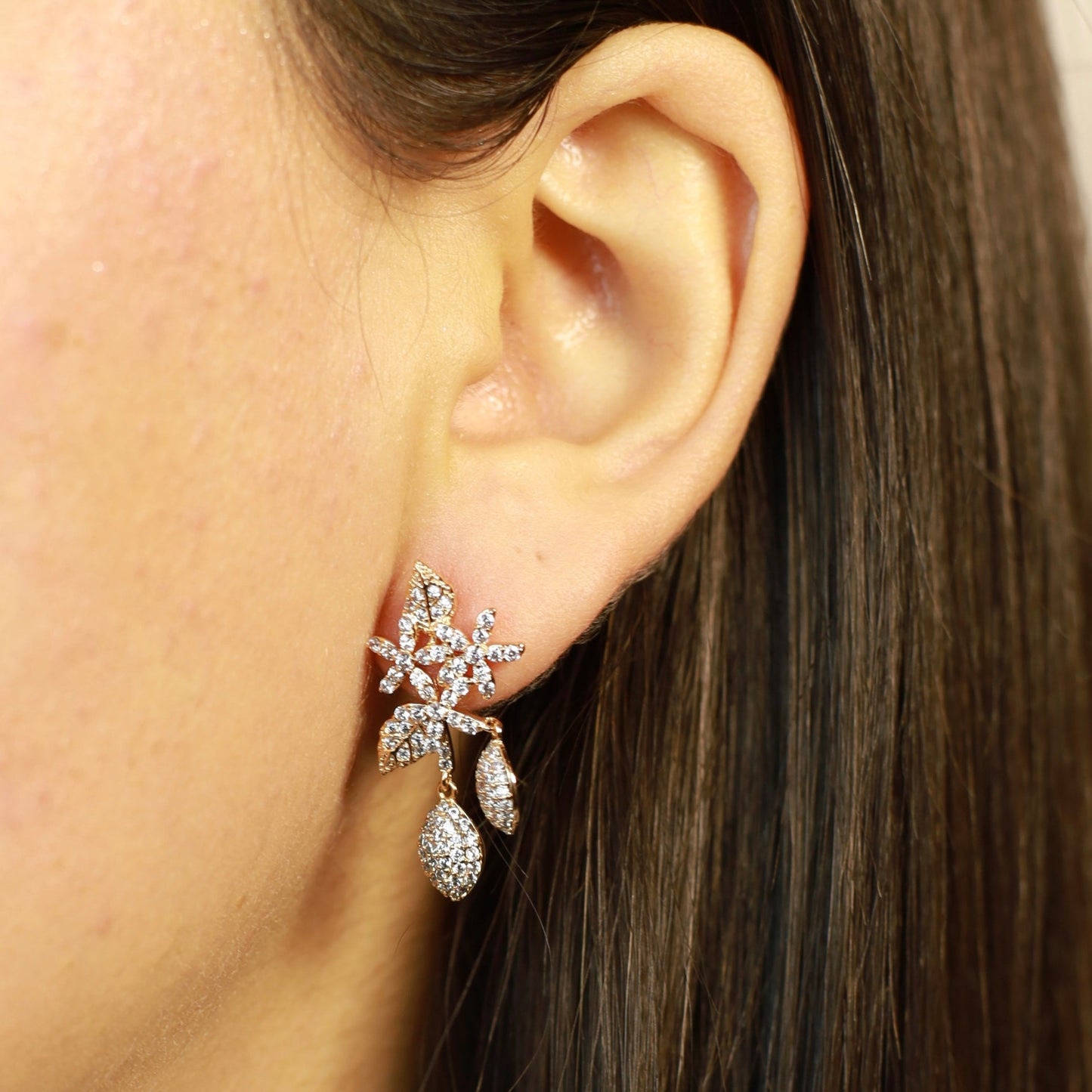 Flowers and leaves zirconia long earrings